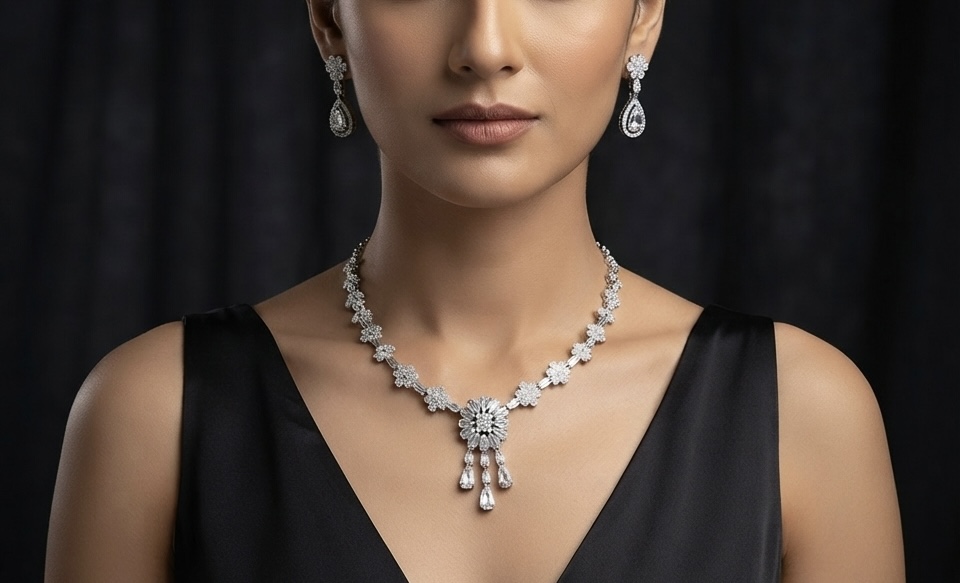 Radiant Floral Sunburst CZ Silver Necklace Set - Image 2
