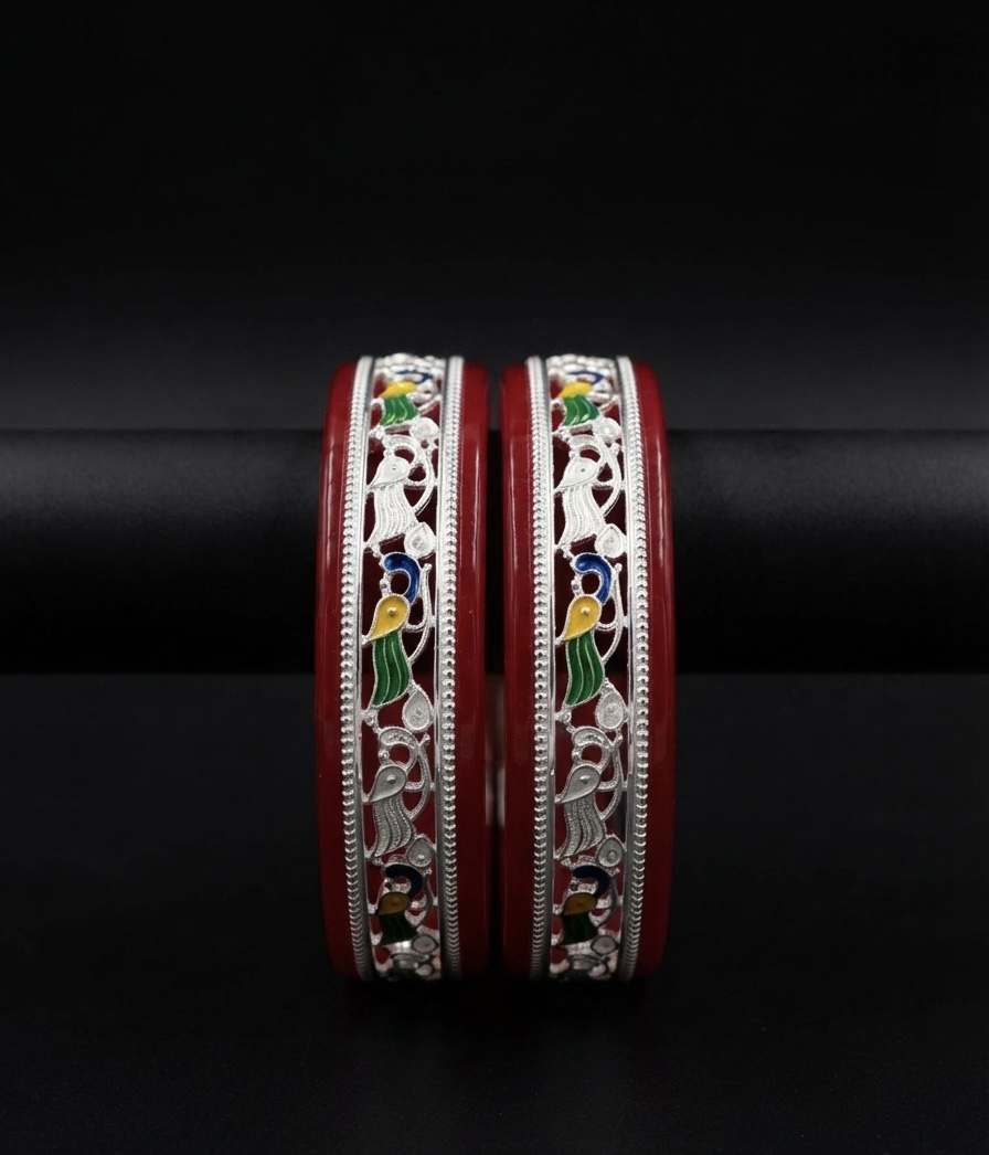 Royal Peacock Enamel Silver Pola Bangles