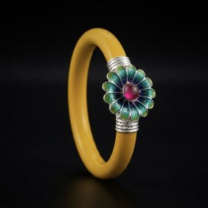 Silver Enamel Floral Motif Yellow Bangle