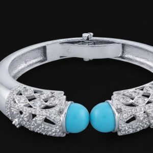 Turquoise Stone and CZ Open Silver Kada