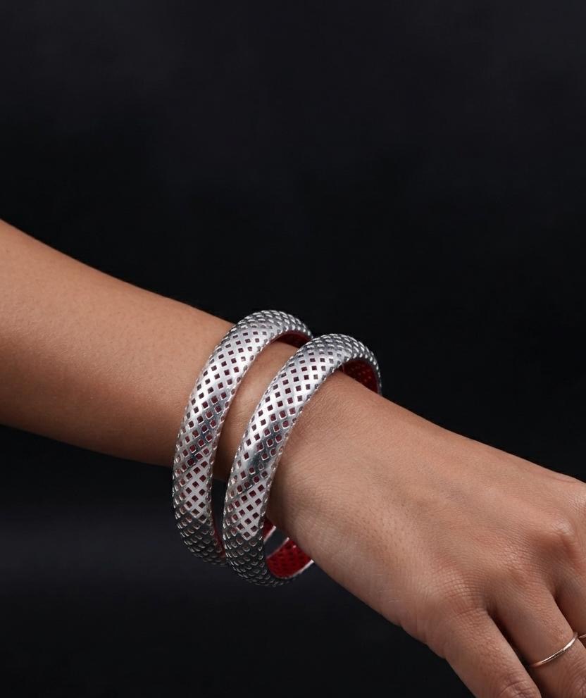 Jali Pattern Silver Pola Bangle Pair - Image 2