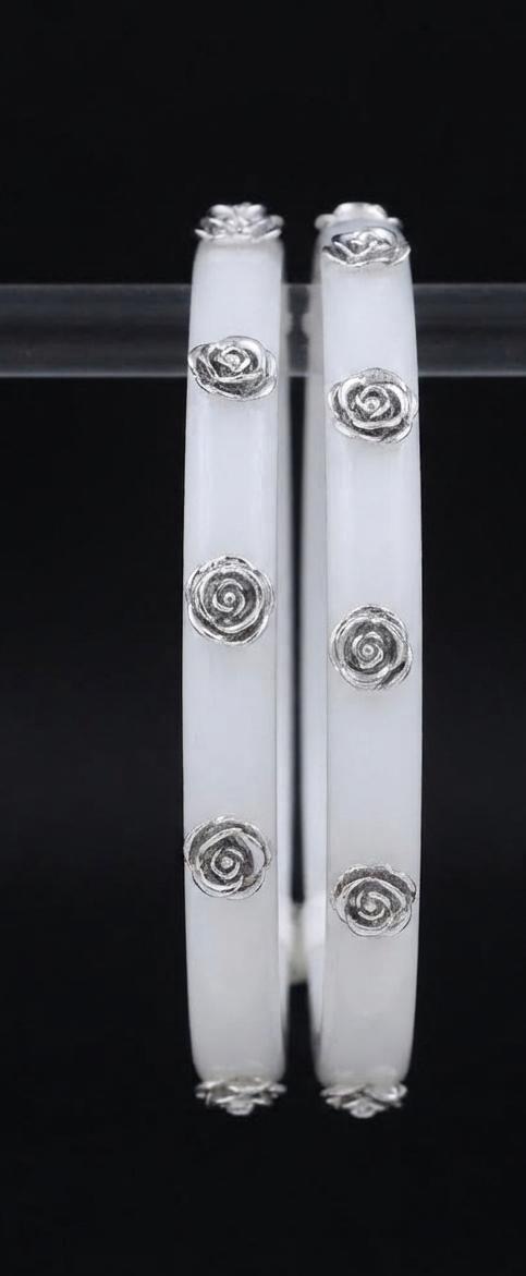 Silver Rose Studded White Sakha Bangle Pair