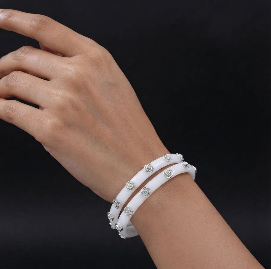Silver Rose Studded White Sakha Bangle Pair - Image 2