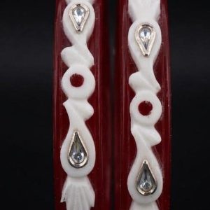 Carved Leaf and Stone-Accented Red and White Pola Bangle Pair