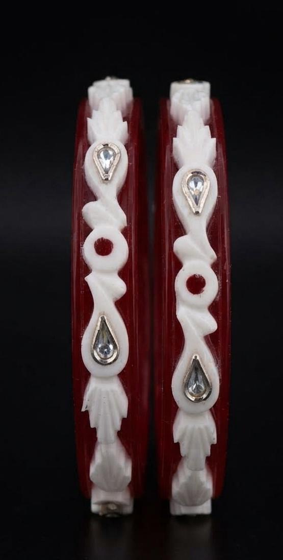 Carved Leaf and Stone-Accented Red and White Pola Bangle Pair