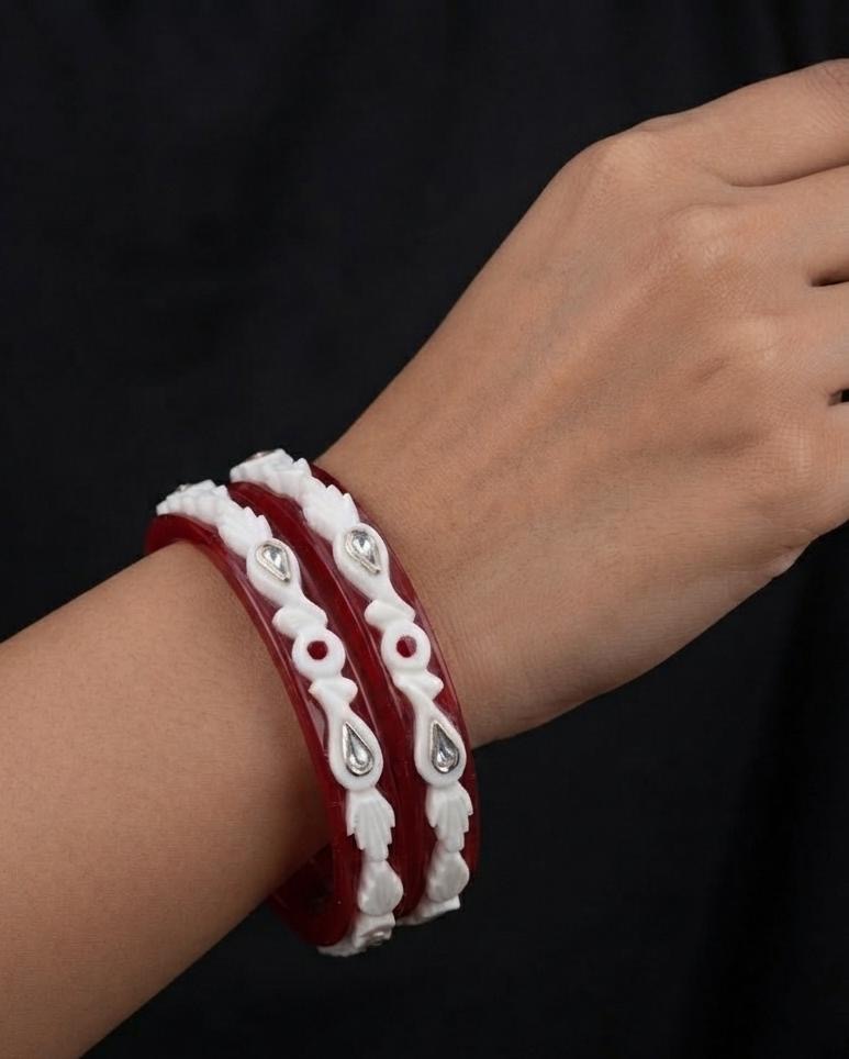 Carved Leaf and Stone-Accented Red and White Pola Bangle Pair - Image 2
