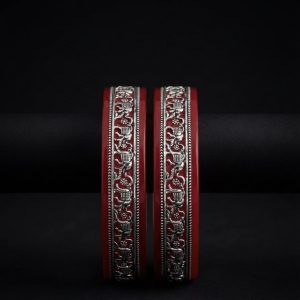 Gajraj Motif Silver Inlay Red Pola Bangle Set