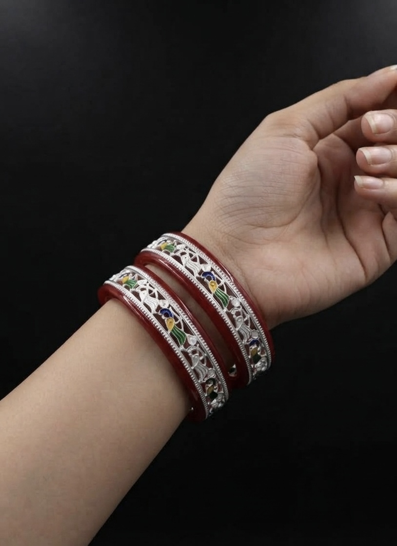 Royal Peacock Enamel Silver Pola Bangles - Image 2