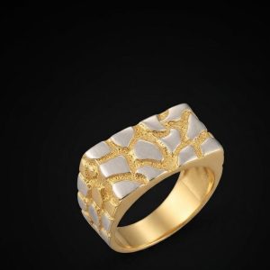 Dual-Tone Cracked Texture Gold-Finish Silver Ring
