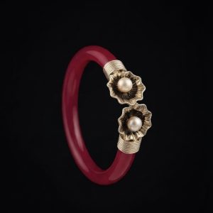 Double Pearl Flower Silver Red Pola Bangle